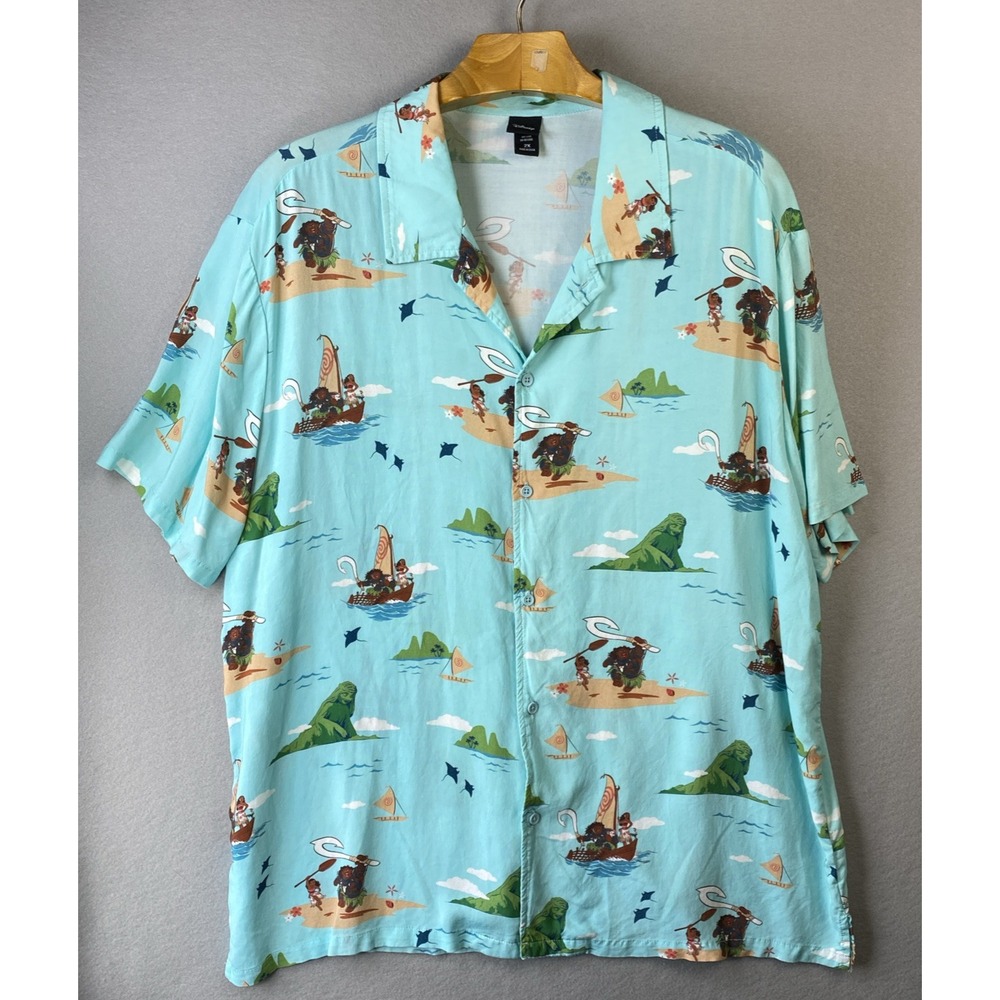 Disney Moana Maui Tropical‎ Rayon Button Up Shirt Womens 2X Short Sleeve Heihei